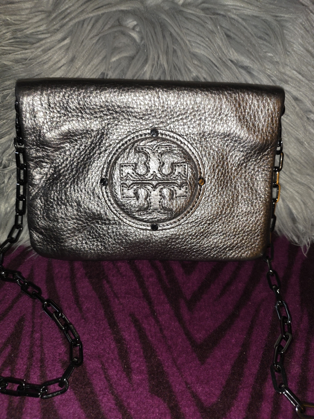 Tory Burch Metallic Pewter Leather Crossbody Bag w/Cardholder